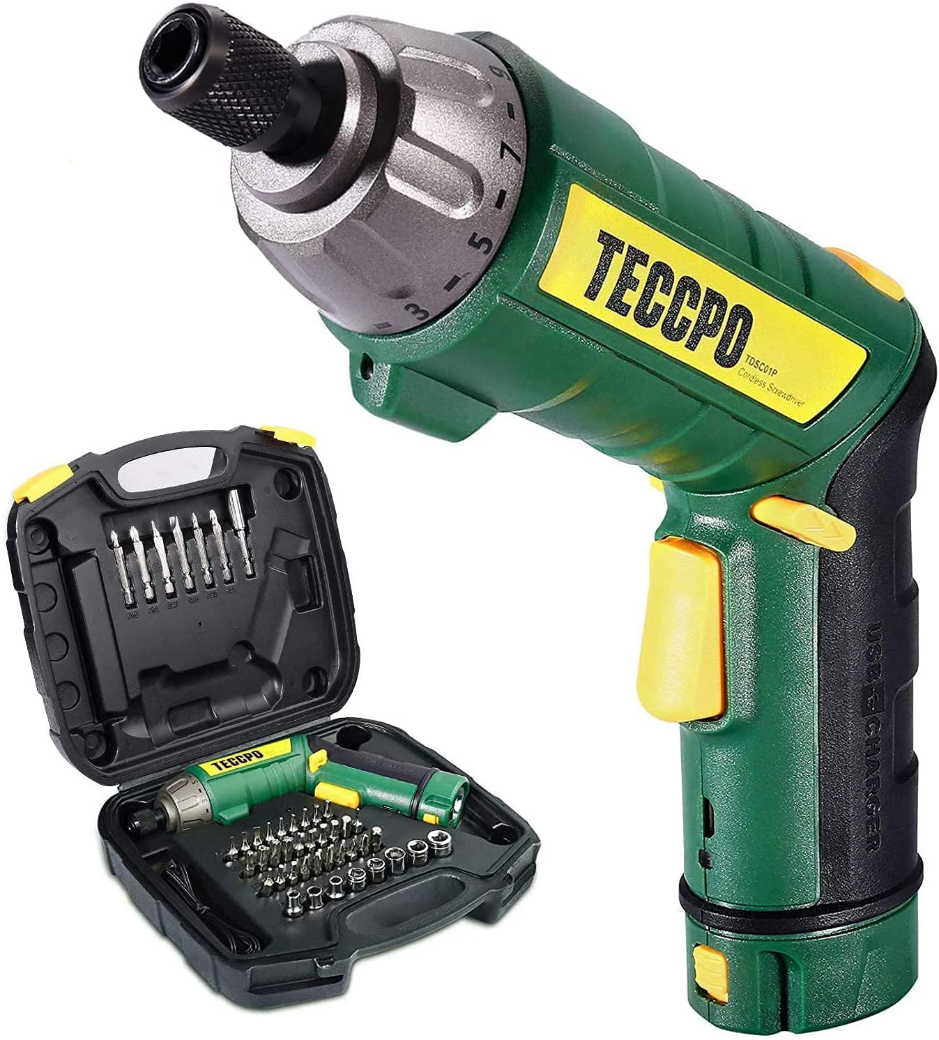TECCPO 4V Cordless Electric Screwdriver 45Pcs 6N.m, 9+1 Torque Gears, 1/4'' Hex Self-Lock $19.25