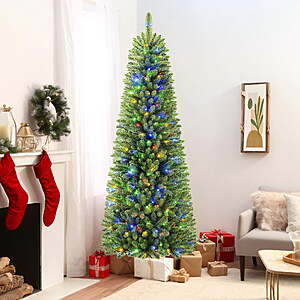 6.5ft Premium Prelit Slim Christmas Tree with Remote Control, Timer, and Warm White & Multi-Color Lights, $79.98