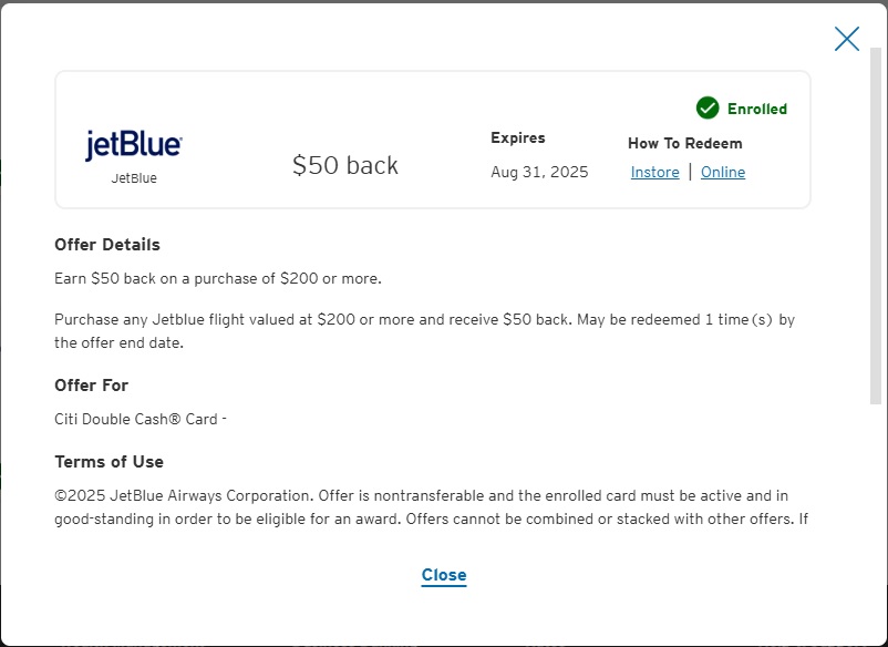 Select Citi Cards: JetBlue $50 off $200 (Valid thru 8/31) YMMV