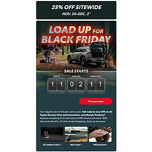 Toyota Autoparts: Black Friday Sale (11/24-12/2): 25% off all Genuine Parts, Accessories, & Lifestyle Parts +FS on $75+