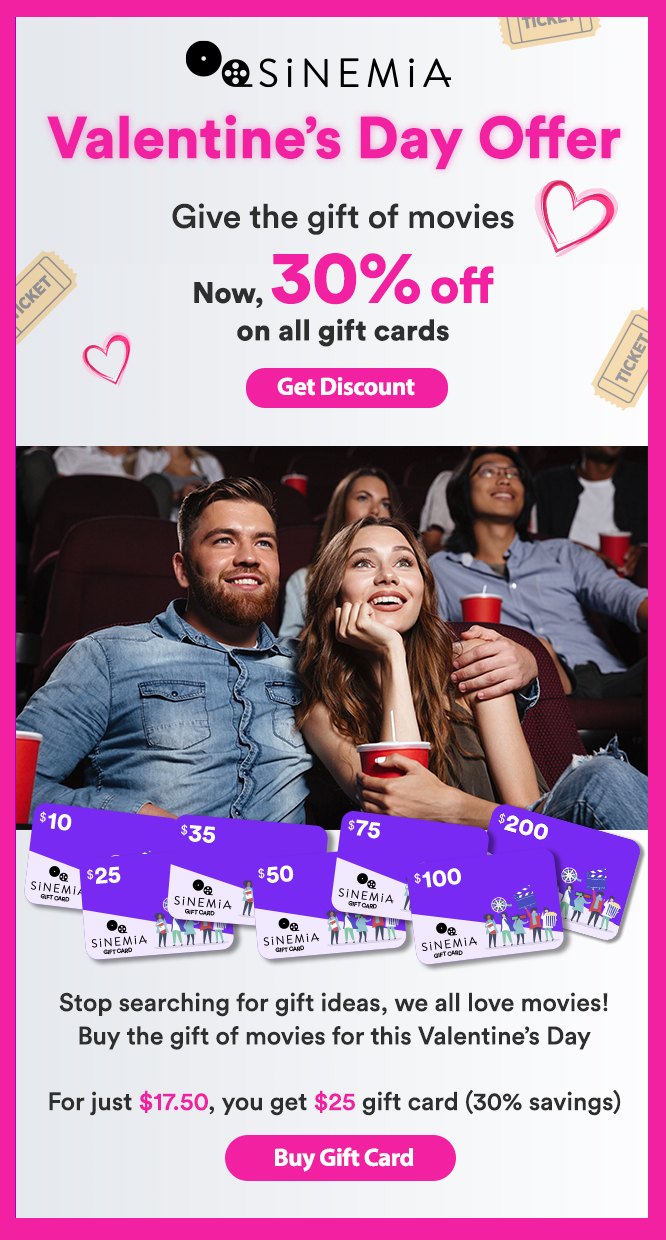 Sinemia Gift Card Valentine's Day Sale, Cinema Movie-Subscription Service (30% Off) $3.99