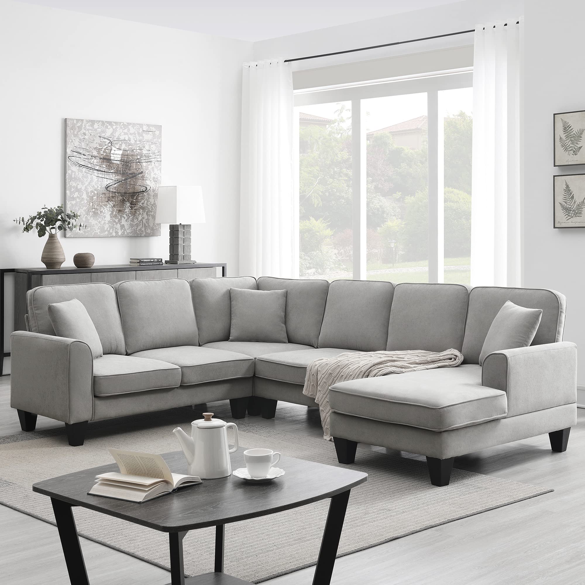 SOCOUCH 10885.5" Oversized Sectional Sofa Set, U-Shaped Modern Sleeper 7 Seat Modular Couch with Reversible Chaise and 3 Pillows for Living Room Office, Light Gray $981