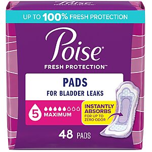 Amazon ~ Poise Incontinence Pads for Women, 5 Drop 48ct $10.24 w/coupon and 15% SS