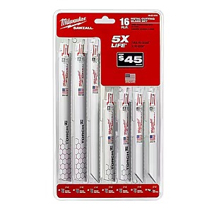 16-Piece Milwaukee SAWZALL Metal Cutting Bi-Metal Reciprocating Saw Blade Set + 2 Carbide Blades $19.97 w/ S&S + Free Shipping