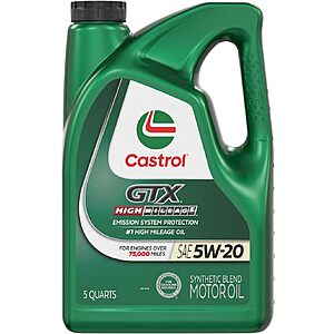 5-qt Castrol GTX High Mileage Synthetic Blend Motor Oil (5W-20 or 10W-30) $14.20 w/ S&S