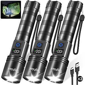 3-Pk Tughlax 5-Mode Rechargeable Flashlights w/ LCD Digital Display