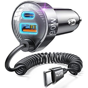 Lisen 35W PD + 30W QC 3.0 Car Charger Adapter w/ 48" 30W Coiled Cable (Black)