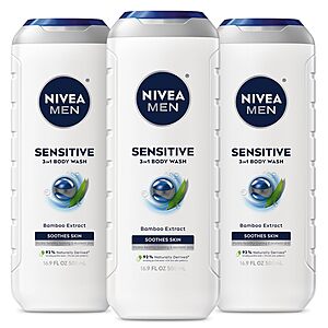 3-pk 16.9-oz NIVEA MEN Sensitive 3-in-1 Body Wash (Bamboo Extract) 2 for $16.15 & More w/ S&S