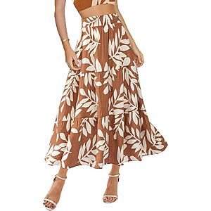 BTFBM Women's Elastic Waist A Line Flowy Floral Midi Skirt w/ Pockets $11 