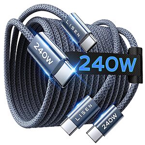 2-Pk 6.6' LISEN 240W USB-C to USB-C Charge Cable $5.60 