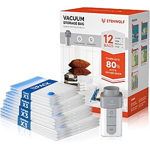 12-Pk ETENWOLF Vacuum Storage Bags w/ USB-C Rechargeable Air Pump $10 