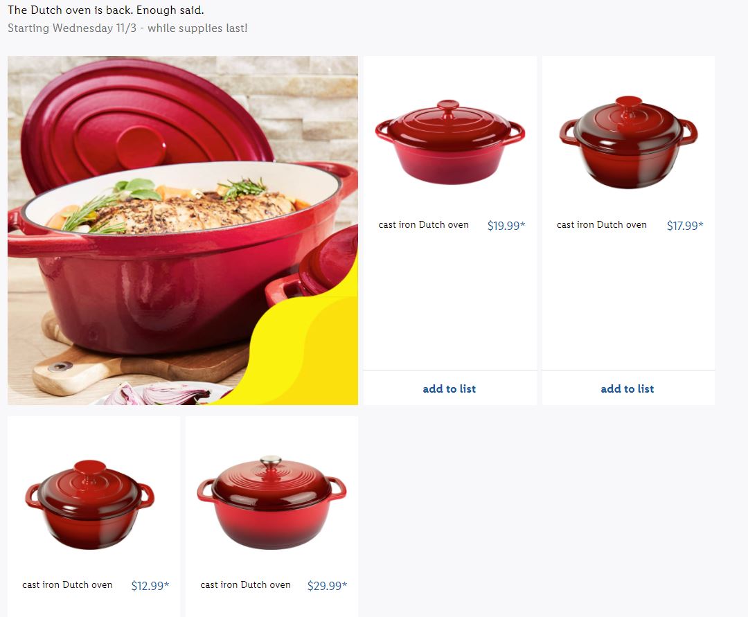 LIDL Enameled Cast Iron Dutch Ovens in Store starting 11/03 12.99