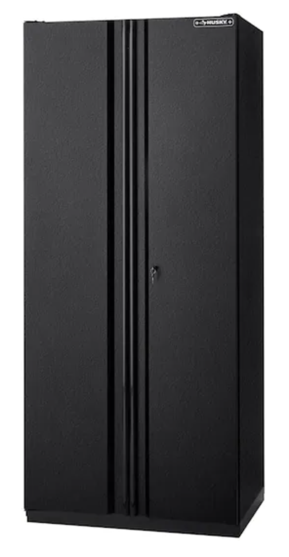 Husky Pro Duty Welded 20-Gauge Steel Freestanding Garage Cabinet in Black LINE-X (36 in. W x 81 in. H x 24 in. D) $425