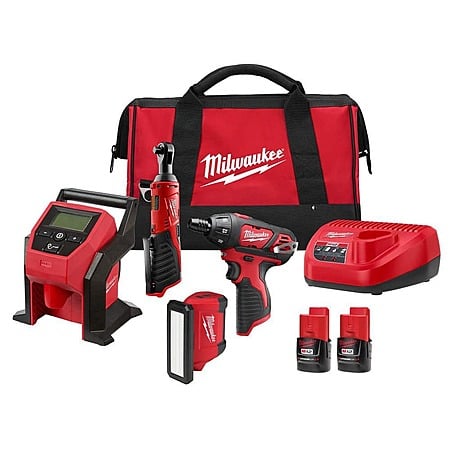 M12 12V Lithium-Ion Cordless Combo Kit (4-Tool) with Two 2.0Ah Batteries, Charger & Tool Bag $199