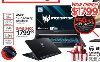 Conns Black Friday: Acer Predator 15.6" Gaming Laptop: Intel 9th Gen 6 Core, Nvidia RTX 2060, 16GB RAM, 512GB SSD, Win 10 + Gaming Mouse for $1,799.99