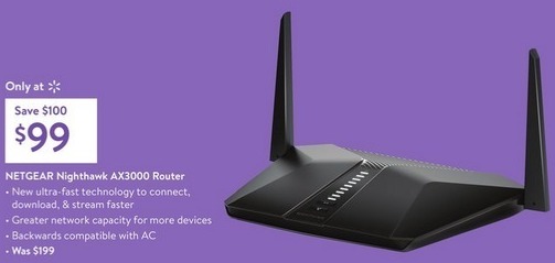 Walmart Black Friday: Netgear Nighthawk RAX35-100NAS AX4 4-STream AX3000 WiFi 6 Router for $99.00