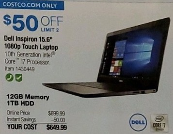 Costco Wholesale Black Friday Dell Inspiron 15 6 Touch Laptop 10th Gen I7 Cpu 12gb Ram 1tb Hdd For 649 99