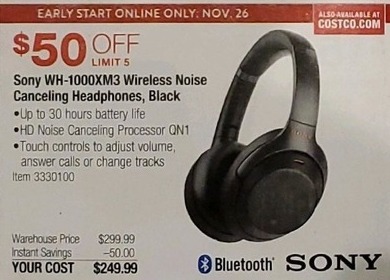 Costco Wholesale Black Friday Sony Wh 1000xm3 Wireless Noise Canceling Headphones For 249 99