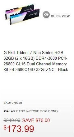 Micro Center Black Friday 32gb 2x16gb G Skill Trident Z Neo Series Rgb F4 3600c16d 32gtznc Ddr4 3600 Pc4 28800 Cl16 Dual Channel Memory Kit For 173 99