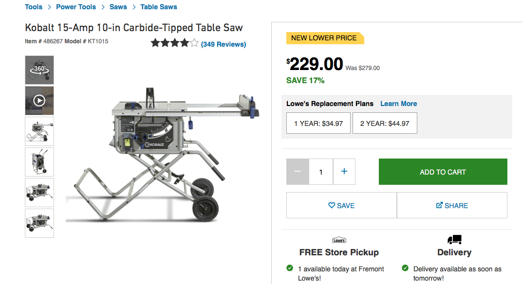 Kobalt 15-Amp 10in Table Saw $200 - Slickdeals.net