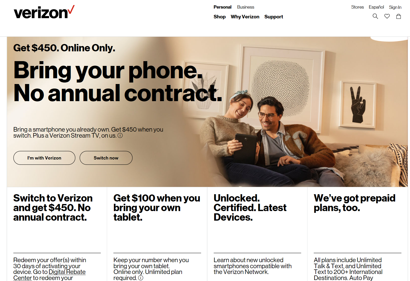 Verizon Wireless: $450 Verizon e-Gift Card for BYOD new customers, online only, option to bypass credit check