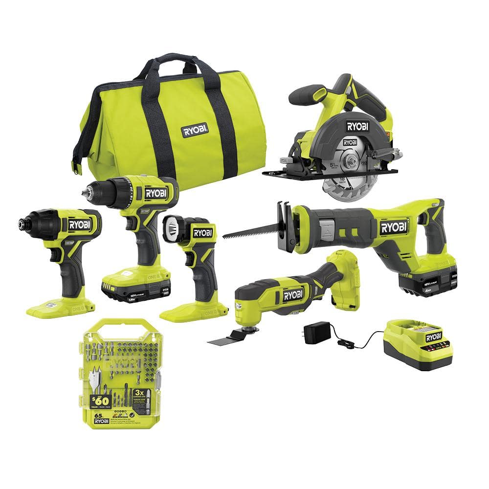 RYOBI ONE+ 18V Cordless 6-Tool Combo Kit with 1.5 Ah and 4.0 Ah Batteries, Charger, and 65-Piece Drill and Impact Drive Kit & 2Pack 2.0Ah Battery $219 at Home Depot