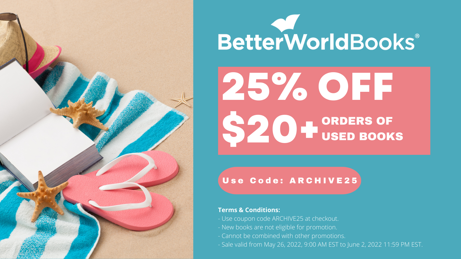 25% Off $20+ order of used books at Better World Books