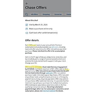 Chase offer: free year of calm.com 100% cash back  calm annual subscription