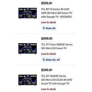 Sams Club:  TCL Class QM63K on Clearance prices (55, 75, 85 inches) $299.91 to $599.91 (YMMV In Store Only)