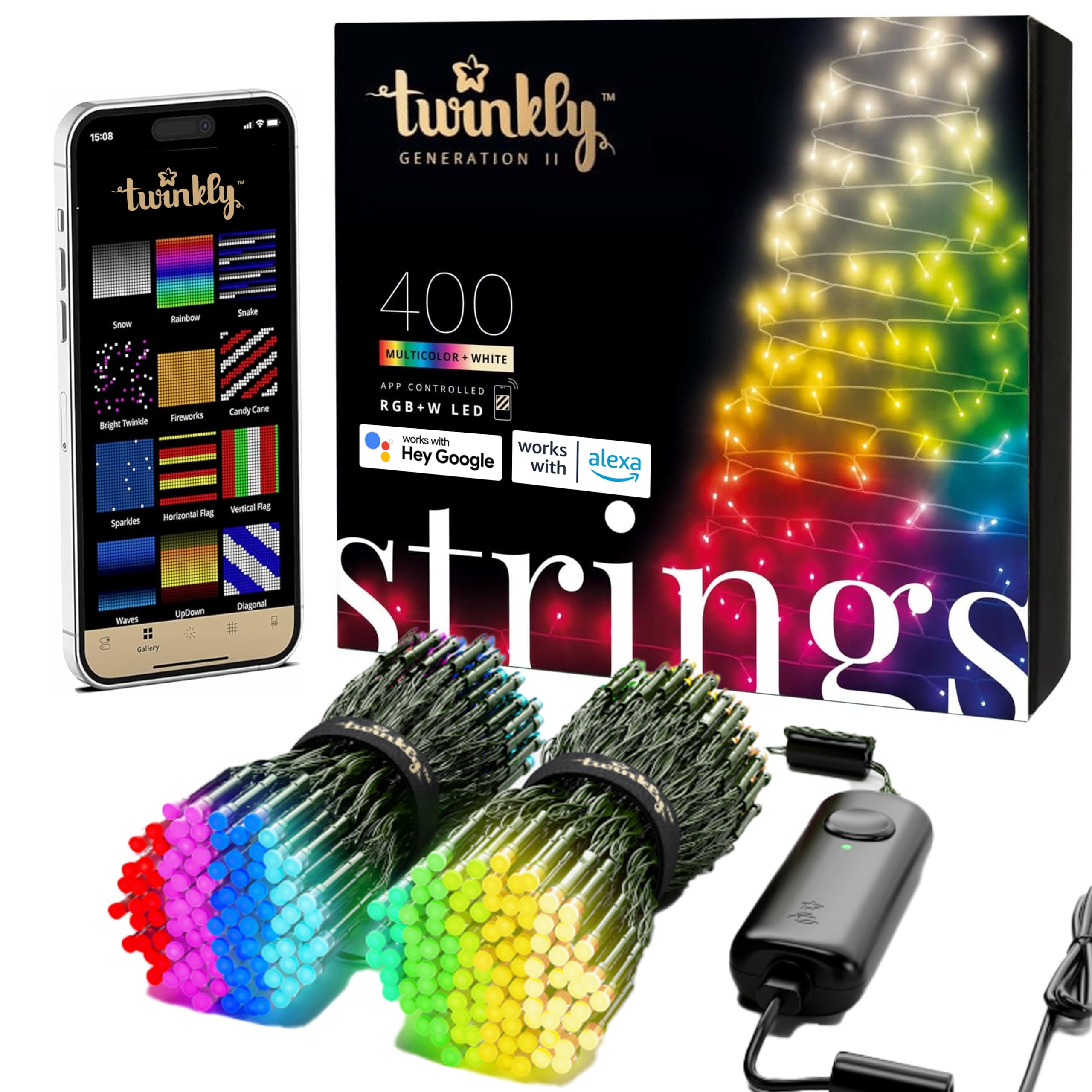 Twinkly App-Controlled 105ft Smart String LED Lights with 400 RGB+W LEDs $120