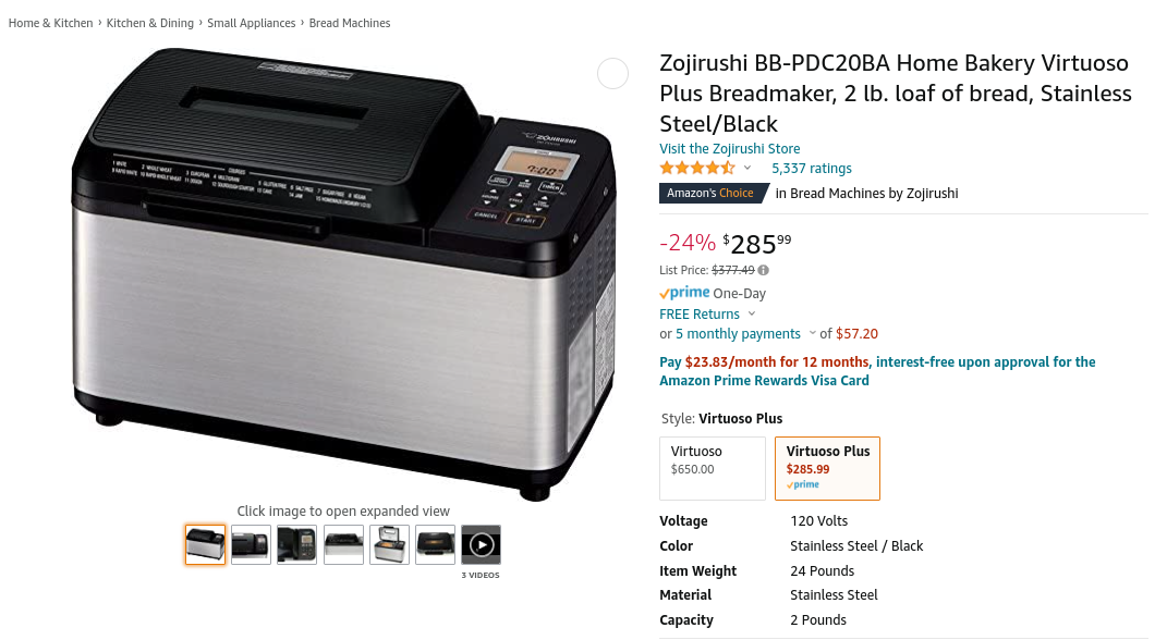 Zojirushi Virtuoso Plus 2lb Bread Machine 286