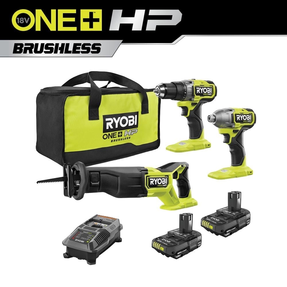RYOBI ONE+ HP 18V Brushless Cordless 3-Tool Combo Kit with (2) 1.5 Ah Batteries, Charger, and Bag PBLCK33K2N - $$199