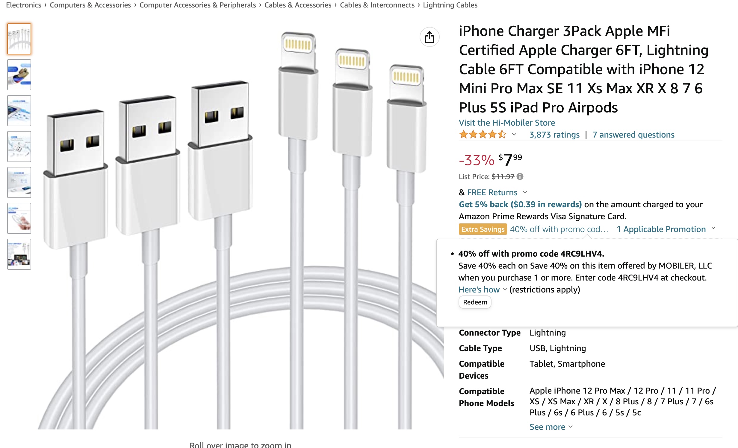 3-Pack 6ft Apple MFi Certified Apple Lighting Charging Cable - Amazon Prime - $4.79
