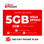 360-Day Red Pocket Prepaid Plan: Unlimited Talk & Text + 3GB 5G/LTE Data / Month $120 + Free Shipping