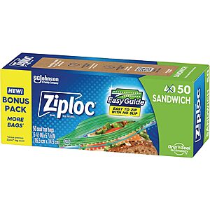 50-Count Ziploc Sandwich and Snack Bags with EasyGuide Texture $1.35 w/ Subscribe & Save