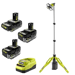 RYOBI ONE+ 18V HIGH PERFORMANCE Kit w/ (2) 4Ah + 2Ah Batteries, Tripod Light $199 & Charger + Free Shipping
