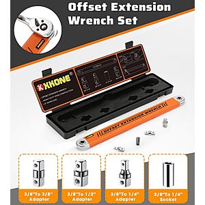 XKONE Offset Extension Wrench w/ 3 Square Drive Adapters & 1/4" Socket (Orange) $13 