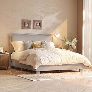 FLEXISPOT Queen Flange Edge Upholstered Platform Bed Frame w/ Adjustable Headboard, Charging Ports & Lamp (Light Grey or Orange) $100 + FS