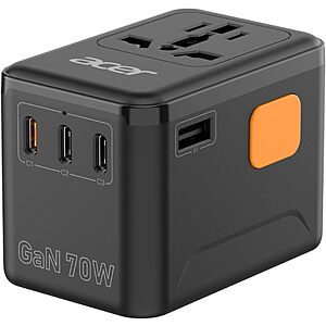 70W Acer GaN Universal Travel World Adapter and Charger (3x USB-C, 1x USB-A) $18 