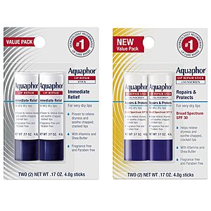 4-Count 0.17-Oz Aquaphor Lip Balm Set (2x Lip Repair & 2x Sunscreen Lip Repair) $8.80 w/ Subscribe & Save