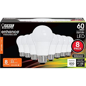 8-Pk 800-Lm Feit Electric 60W A19 Dimmable LED Light Bulbs (2700K Soft White) $7.90 