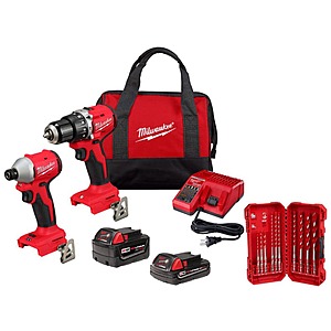 Milwaukee M18 18V Brushless 1/2" Hammer Drill + 1/4" Impact Driver Combo Kit $216 + Free S&H