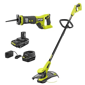RYOBI ONE+ 18V 13 in. Cordless Battery String Trimmer and Reciprocating Saw with 2.0 Ah Battery & Charger $99
