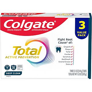 3-Pk 5.1-Oz Colgate Total Active Prevention Deep Clean Fluoride Toothpaste 2 for $11.10 w/ S&S