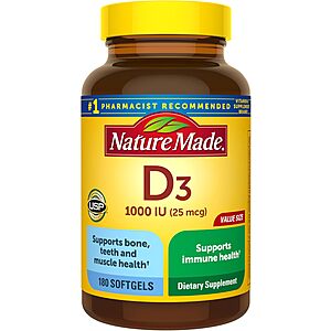 Select Accts: 180-Ct Nature Made Vitamin D3 1000 IU Softgels Supplement $3.85 w/ S&S