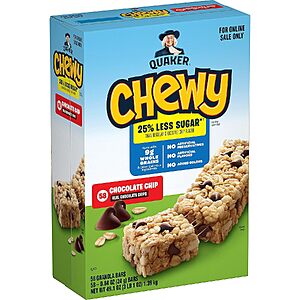 Select Accts: 58-Pk 0.84-Oz Quaker Chewy Granola Bars (Less Sugar Chocolate Chip) $9.75 w/ S&S
