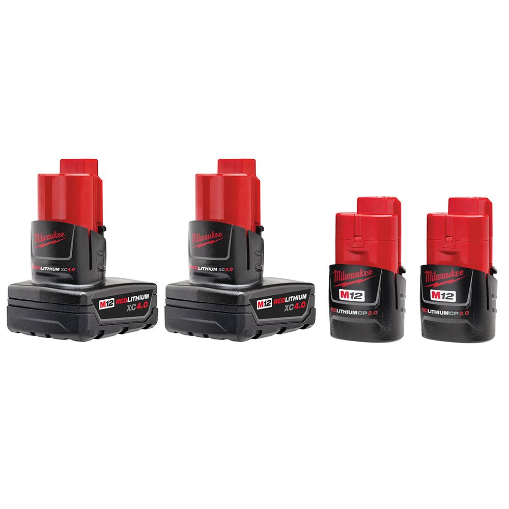 4 Pack Milwaukee M12 12 Volt Li Ion Battery Combo 2x 2 0 Ah 2x 4 0 Ah