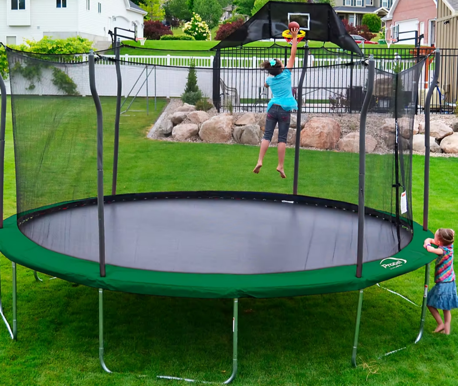 Propel Trampolines 15' Round Trampoline and Detachable Basketball Hoop, Mister and Enclosure - $199.99