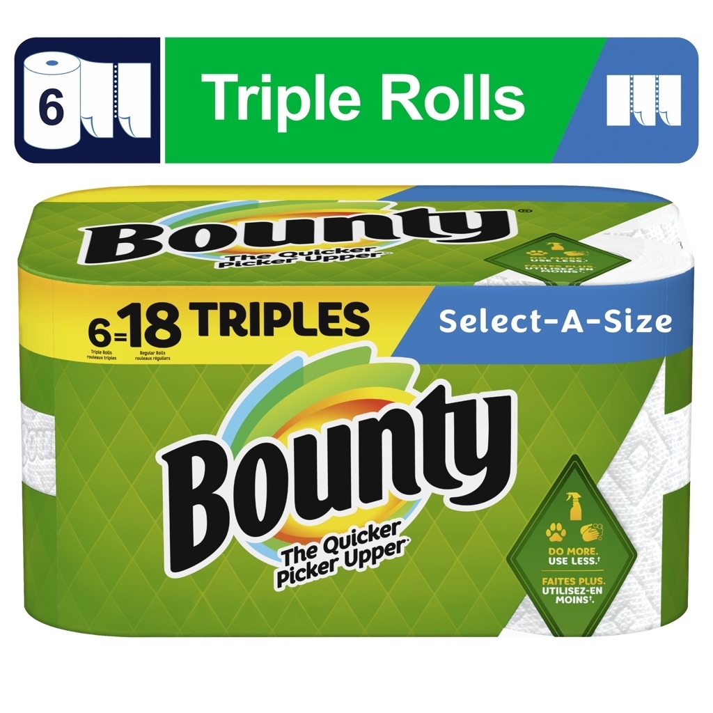 Bounty Select-a-Size Paper Towels, 6 Triple Rolls, White with $4 Walmart cash back.  - $16.94