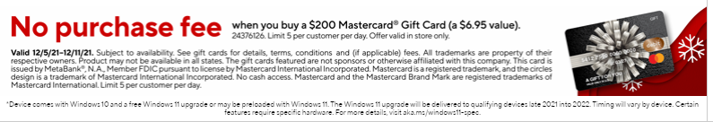 At Staples - No Purchase Fee $200 MasterCard Gift Cards -- Limit 5-IN STORE ONLY from 12/05-12/11